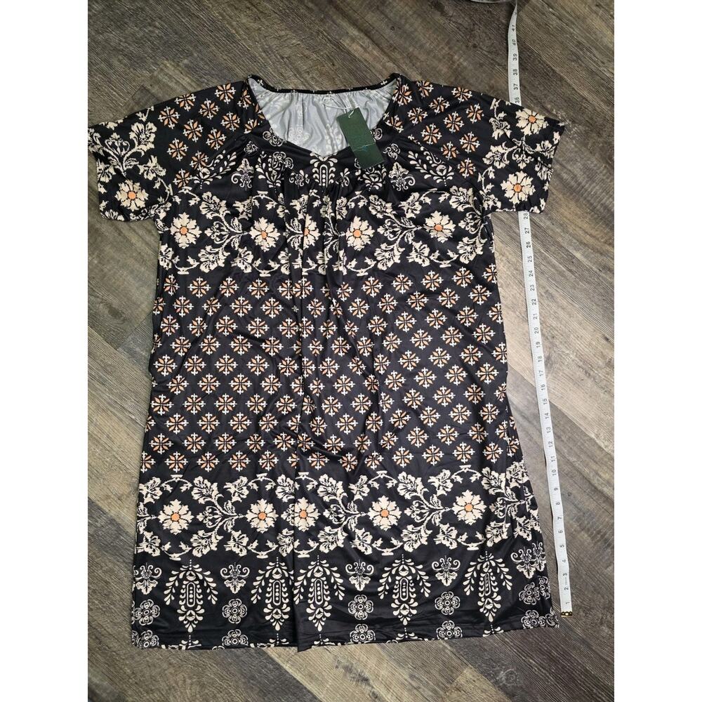 Tugge Womens Damask Boho Print Short Sleeve Dress Medium M NWT Black Pockets